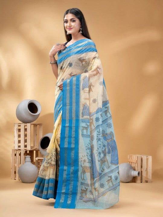 DESH BIDESH Ethnic Motifs Zari Pure Cotton Taant Saree