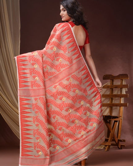 Elegant DESH BIDESH Floral Woven Pure Cotton Jamdani Saree; Traditional Indian Attire