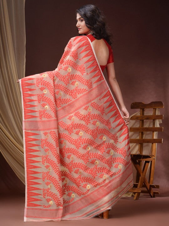 Elegant DESH BIDESH Floral Woven Pure Cotton Jamdani Saree; Traditional Indian Attire