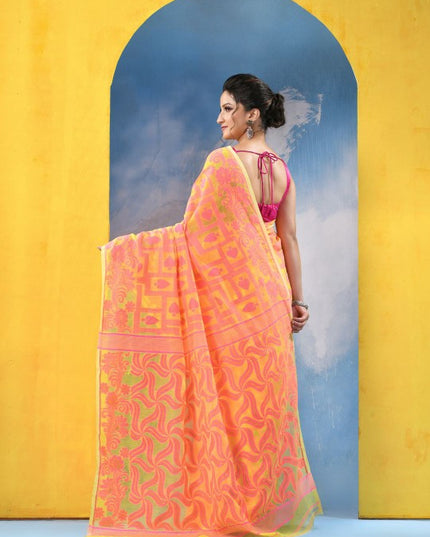 Yellow & Pink Woven Design Jamdani Saree with Solid Border