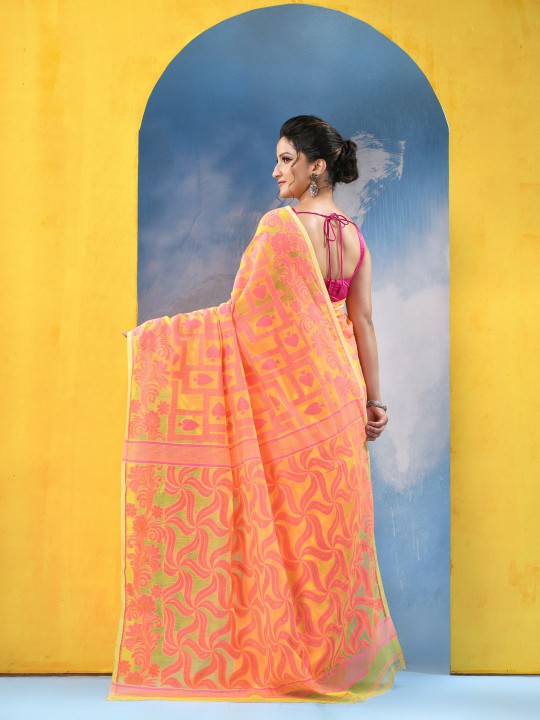 Yellow & Pink Woven Design Jamdani Saree with Solid Border
