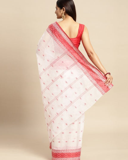 DESH BIDESH White & Red Ethnic Motifs Pure Cotton Taant Saree