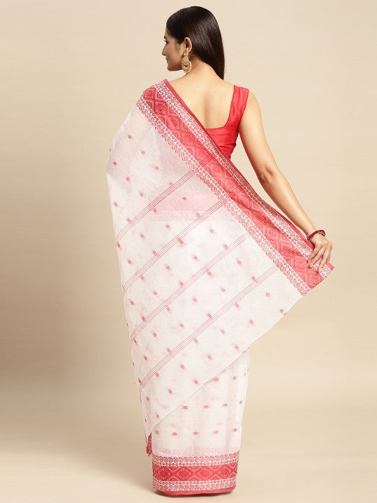 DESH BIDESH White & Red Ethnic Motifs Pure Cotton Taant Saree