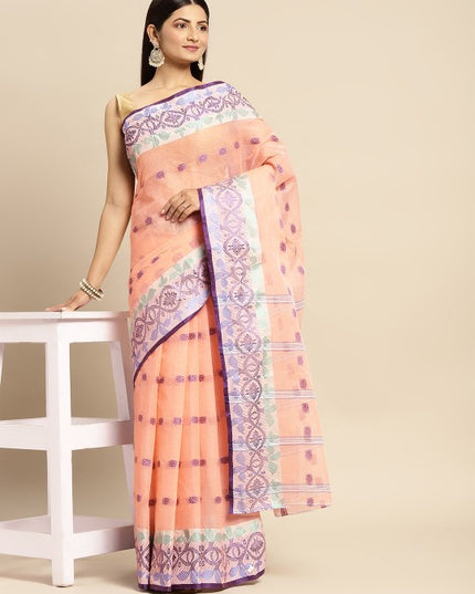 DESH BIDESH Peach Coloured & Grey Ethnic Motifs Pure Cotton Taant Saree