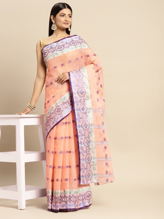 DESH BIDESH Peach Coloured & Grey Ethnic Motifs Pure Cotton Taant Saree