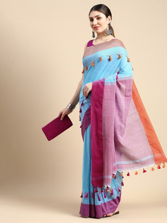 DESH BIDESH Colourblocked Pure Cotton Taant Saree