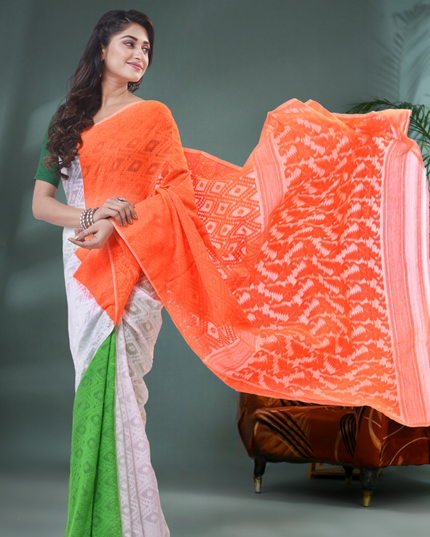 Women's Tri Color Pure Cotton Handloom Jamdani Saree (Orange White Green)