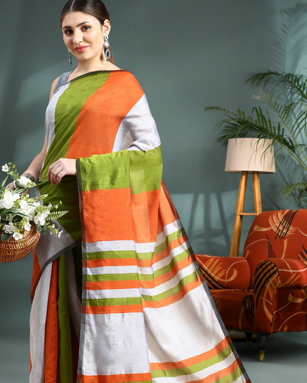 Women's Gitcha Cotton Silk Tri Color Saree with Blouse (Orange Silver Green)
