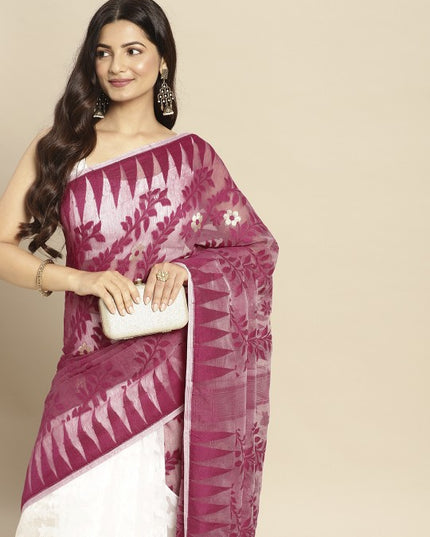 DESH BIDESH Magenta & White Ethnic Motifs Pure Cotton Taant Saree