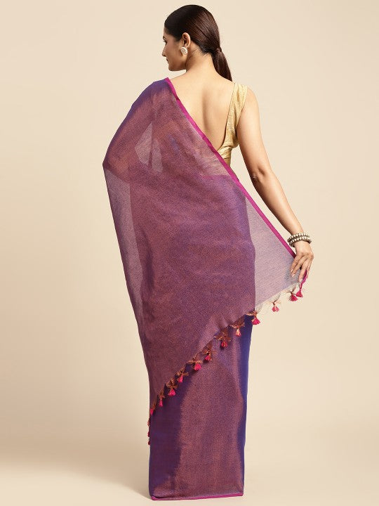 DESH BIDESH Purple Solid Tissue Taant Saree