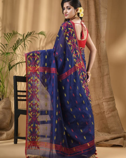 DESH BIDESH Floral Woven Taant Saree: Elegant Blue and Red Design