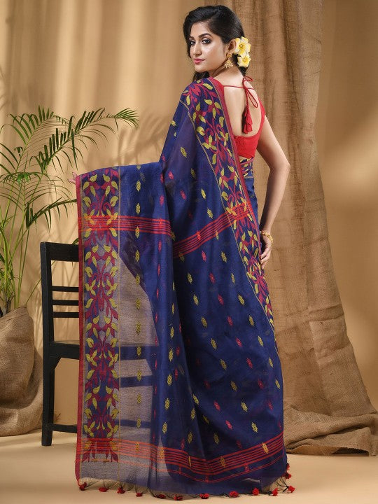DESH BIDESH Floral Woven Taant Saree: Elegant Blue and Red Design