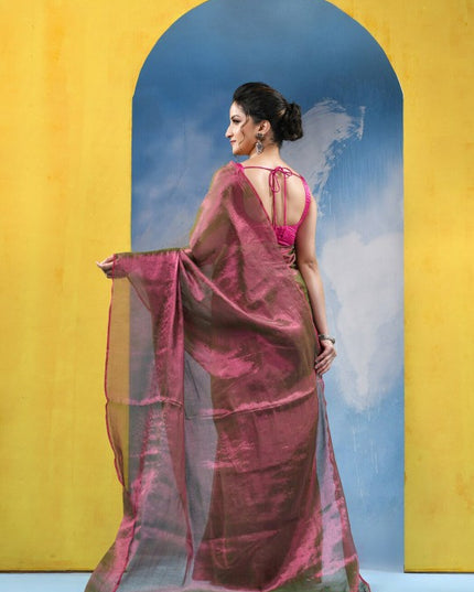 DESH BIDESH Magenta & Gold-Toned Tissue Taant Saree for Women - Traditional Weave with No Border