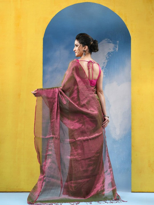 DESH BIDESH Magenta & Gold-Toned Tissue Taant Saree for Women - Traditional Weave with No Border