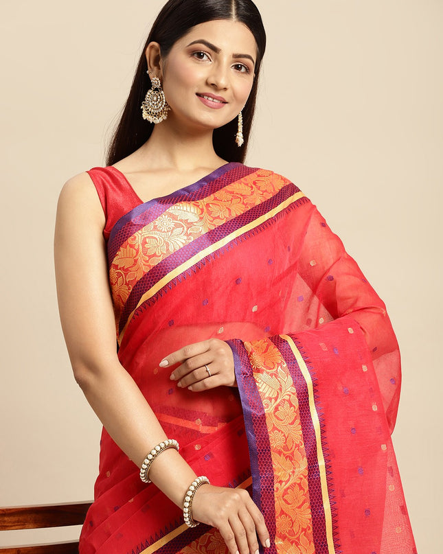 DESH BIDESH Red Ethnic Motifs Pure Cotton Taant Saree