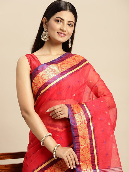 DESH BIDESH Red Ethnic Motifs Pure Cotton Taant Saree