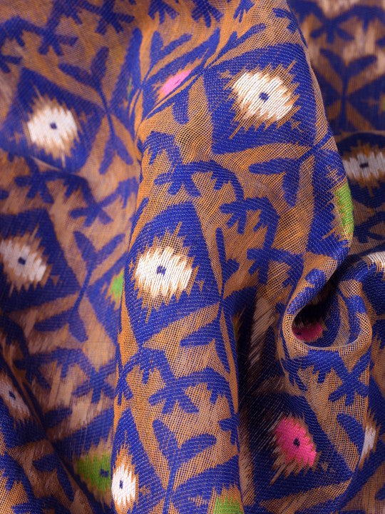 Exquisite Pure Cotton Jamdani Saree: Orange & Blue Woven Design for Women