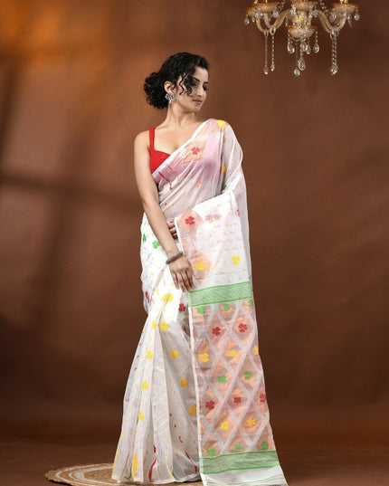 DESH BIDESH White and Red Floral Woven Design Jamdani Saree for Women
