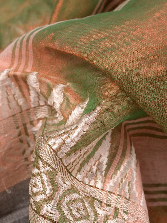 Exquisite Green and Pink Embroidered Tissue Saree with Blouse Piece