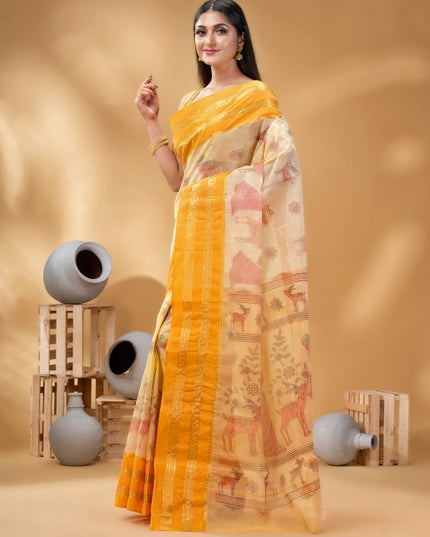 DESH BIDESH Ethnic Motifs Printed Zari Pure Cotton Taant Saree