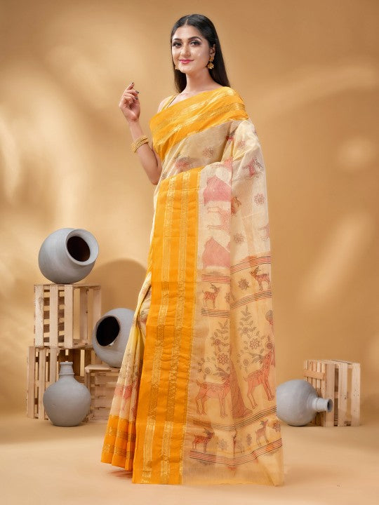 DESH BIDESH Ethnic Motifs Printed Zari Pure Cotton Taant Saree