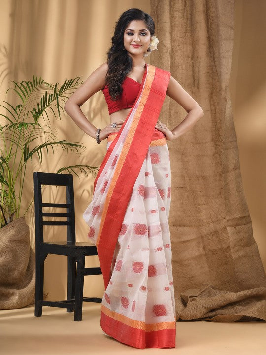 DESH BIDESH Ethnic Motifs Woven Design Zari Pure Cotton Taant Saree