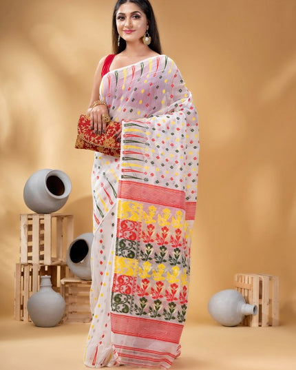 DESH BIDESH White and Red Woven Design Pure Cotton Jamdani Saree