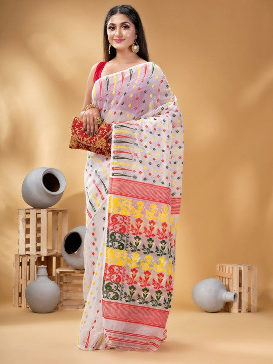 DESH BIDESH White and Red Woven Design Pure Cotton Jamdani Saree