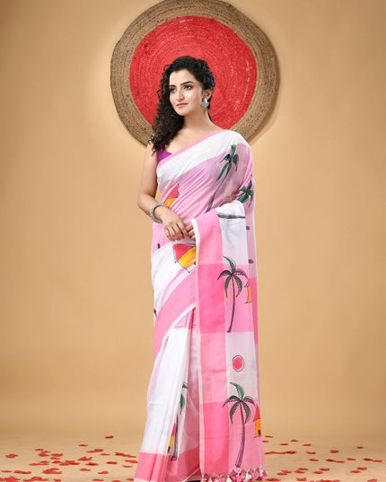 DESH BIDESH Pink & White Pure Cotton Taant Saree with Ethnic Motifs