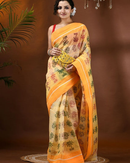 DESH BIDESH Paisley Pure Cotton Handloom Block Print Saree for Women