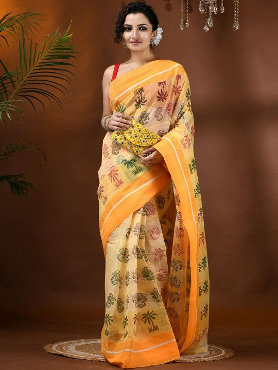DESH BIDESH Paisley Pure Cotton Handloom Block Print Saree for Women