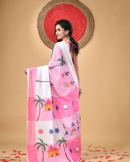DESH BIDESH Pink & White Pure Cotton Taant Saree with Ethnic Motifs