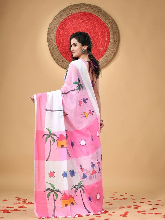 DESH BIDESH Pink & White Pure Cotton Taant Saree with Ethnic Motifs