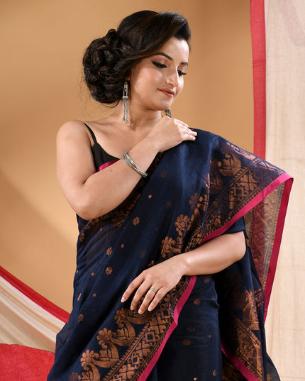 Women cotton silk tant handloom saree mysore party, wear sarees latest, design wedding, kanjivaram georgette chiffon saree soft silk cotton Senzia design sarees for women (Dark Blue)