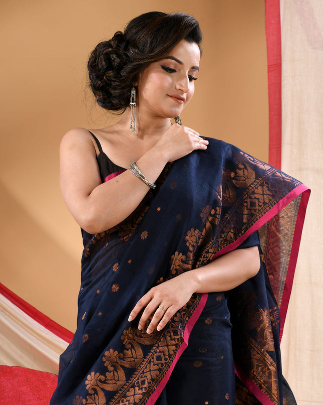 Women cotton silk tant handloom saree mysore party, wear sarees latest, design wedding, kanjivaram georgette chiffon saree soft silk cotton Senzia design sarees for women (Dark Blue)