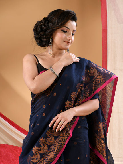 Women cotton silk tant handloom saree mysore party, wear sarees latest, design wedding, kanjivaram georgette chiffon saree soft silk cotton Senzia design sarees for women (Dark Blue)
