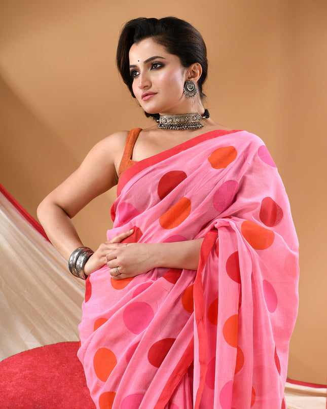 Women cotton handloom mulmul cotton sarees mul cotton sarees for women latest, Mohini design batik print bandhani malmal linen office daily, party, wear sarees for women (Pink)