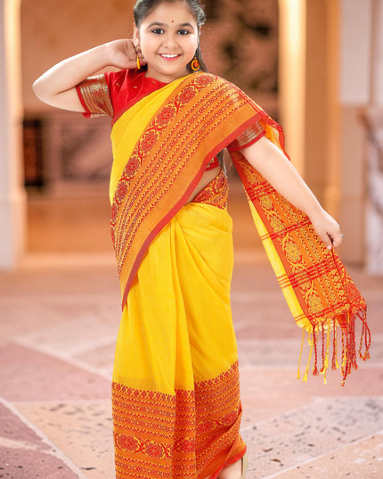 Kids wear girls Pure cotton saree Handloom Soft Kids ethnic wear girls Saree kids dress Saree for Kid Set for 5-10 Years Old