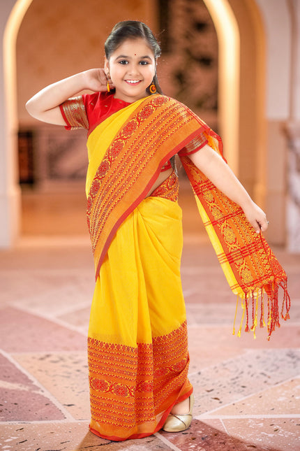 Kids wear girls Pure cotton saree Handloom Soft Kids ethnic wear girls Saree kids dress Saree for Kid Set for 5-10 Years Old