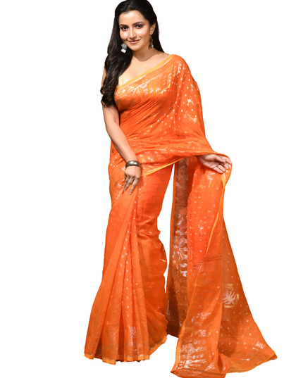 dB DESH BIDESH Women's Soft Cotton Silk Jamdani Sarees For Women for Party Festival Wedding Silk Saree GlamQueen Gold Work Design Without Blouse piece (Orange)