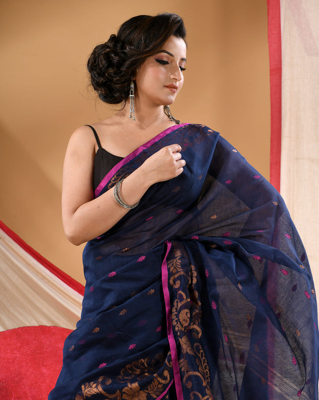 Women cotton silk tant handloom saree mysore party, wear sarees latest, design wedding, banarasi design georgette saree soft silk cotton MidNight Zari sarees for women (Dark Blue)