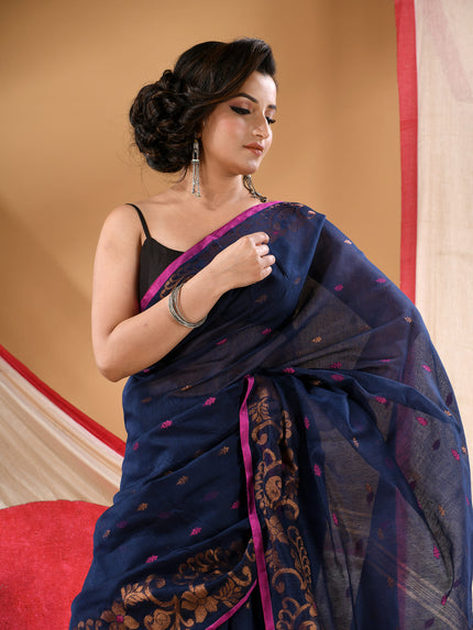 Women cotton silk tant handloom saree mysore party, wear sarees latest, design wedding, banarasi design georgette saree soft silk cotton MidNight Zari sarees for women (Dark Blue)