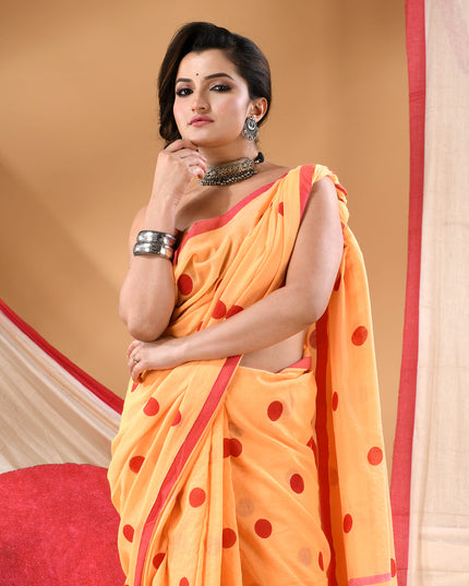 Women cotton handloom mulmul cotton sarees mul cotton sarees for women latest, Nazakat design batik print bandhani malmal linen office daily, party, wear sarees for women (Yellow Red)