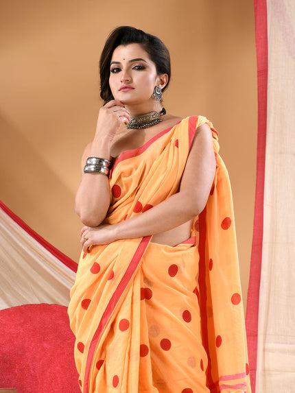 Women cotton handloom mulmul cotton sarees mul cotton sarees for women latest, Nazakat design batik print bandhani malmal linen office daily, party, wear sarees for women (Yellow Red)