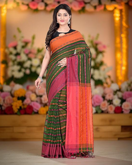 Women`s Traditional Bengali Bengamuri Pure Handloom Cotton Saree With Blouse Piece