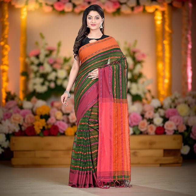 Women`s Traditional Bengali Bengamuri Pure Handloom Cotton Saree With Blouse Piece