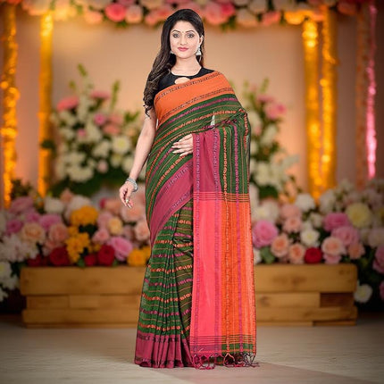 Women`s Traditional Bengali Bengamuri Pure Handloom Cotton Saree With Blouse Piece