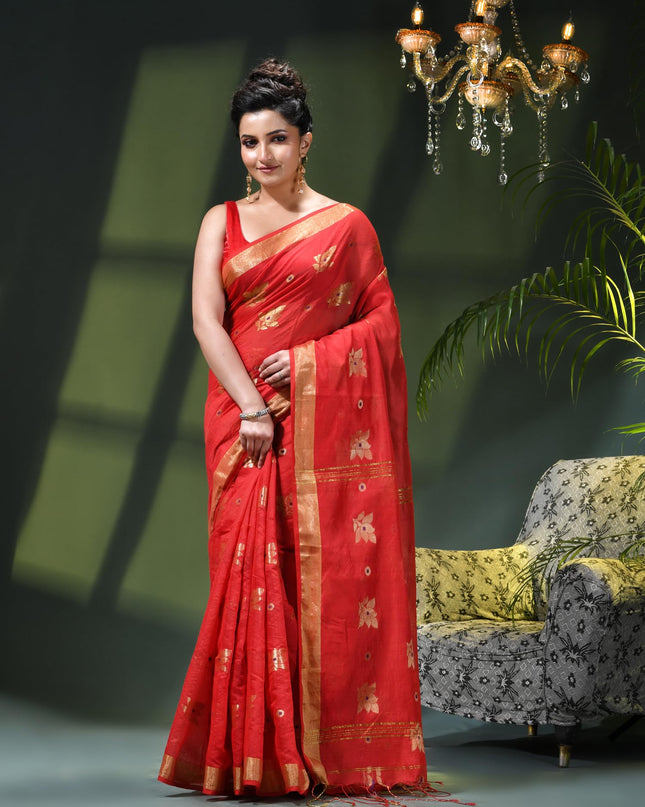 Cotton Silk Party Wear Saree Trendy Design Gulnaz Georgette Chiffon Cotton Saree (Red)