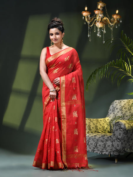 Cotton Silk Party Wear Saree Trendy Design Gulnaz Cotton Saree (Red)