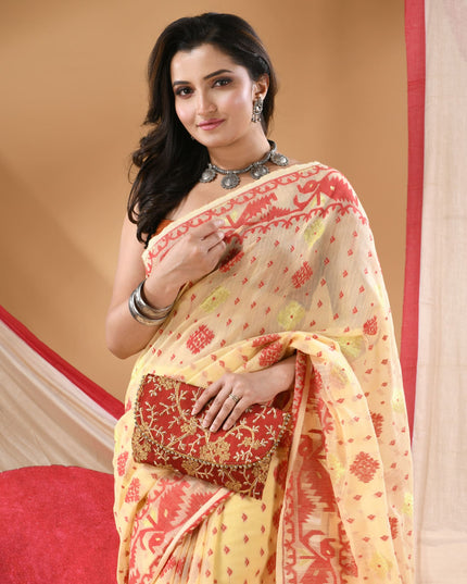 Women's Cotton silk handloom cotton jamdani sarees for women golden party, wear saree latest, Ragini design new, collection tant cotton linen dhakai muslin sarees for women (Cream Gold)